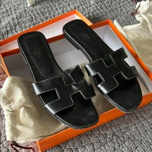 Hermes Black Slide Sandals
